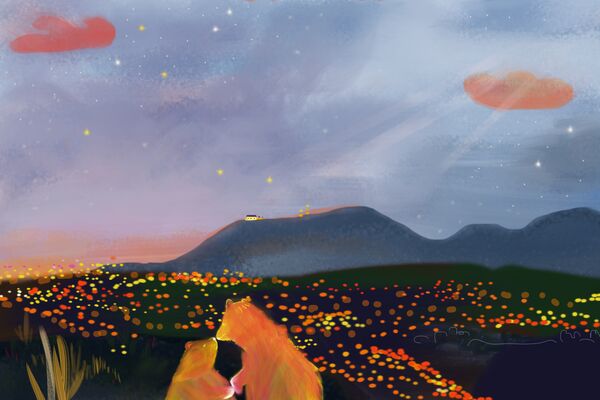 Coming Back — digital illustration by Raluca Voinea of two glowing bears overlooking a night city valley